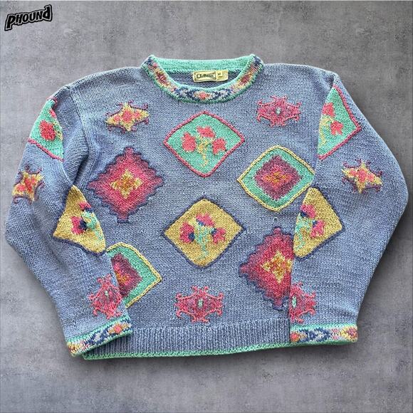 L.L.Bean Sweater Womens Medium Purple Ramie Intarsia Floral Geometric Pullover - Picture 1 of 13